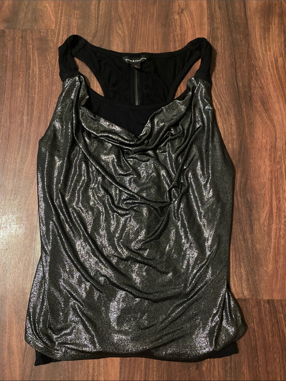 Rock & Republic Metallic Black Cowl Neck Tank